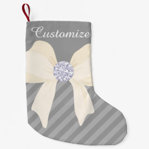 Custom Silver w/Cream Bow & Diamonds Small Christmas Stocking