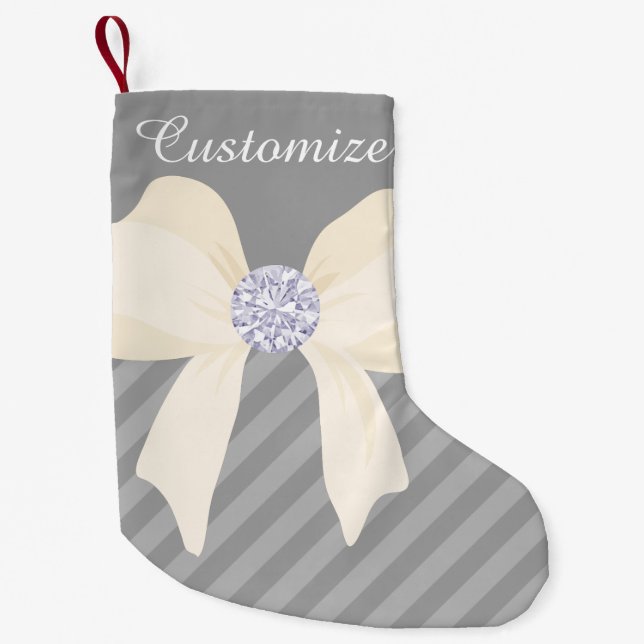 Custom Silver w/Cream Bow & Diamonds Small Christmas Stocking (Front)