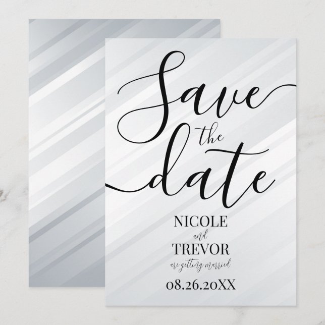Custom Silver White Diagonal Lines Wedding Save The Date (Front/Back)