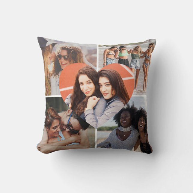 Custom Simple Best Friend 5 Photo Heart Collage Throw Pillow (Front)