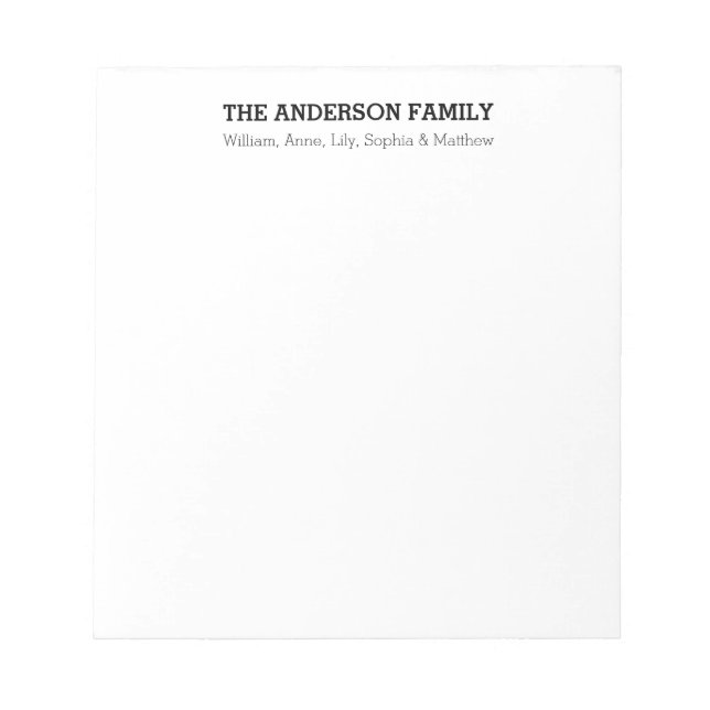 Custom Simple Black Modern Basic Minimalist Family Notepad (Front)
