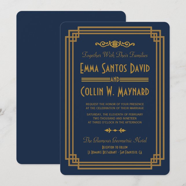 Custom Simple Blue Art Deco Wedding Invites (Front/Back)