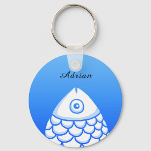 Custom Simple Koi Carp Fish Blue White Abstract Keychain