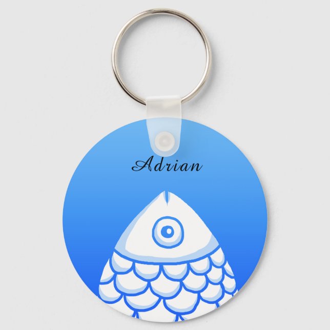 Custom Simple Koi Carp Fish Blue White Abstract Keychain (Front)