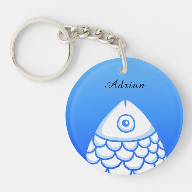 Custom Simple Koi Carp Fish Blue White Abstract Keychain (Front)