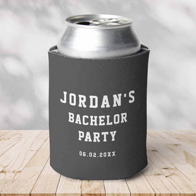 Custom Simple Modern Cool Bachelor Party Grey Can Cooler (a can in a gray cooler with simple, bold writing reading Jordan's Bachelor Party and the  date)
