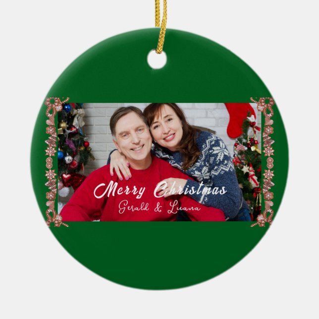 Custom Simple Monogram Green Christmas Photo  Ceramic Ornament (Front)