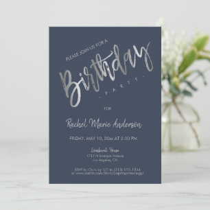Custom Simple Navy Blue Silver Foil Birthday Party Invitation