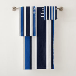 Custom Simple Navy Blue Striped Nautical  Bath Towel Set