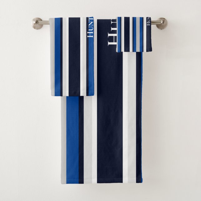 Custom Simple Navy Blue Striped Nautical  Bath Towel Set (Insitu)