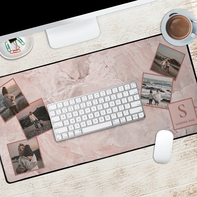 Custom Simple Photo Collage On Blush Pink Marble Desk Mat (Creator Uploaded)