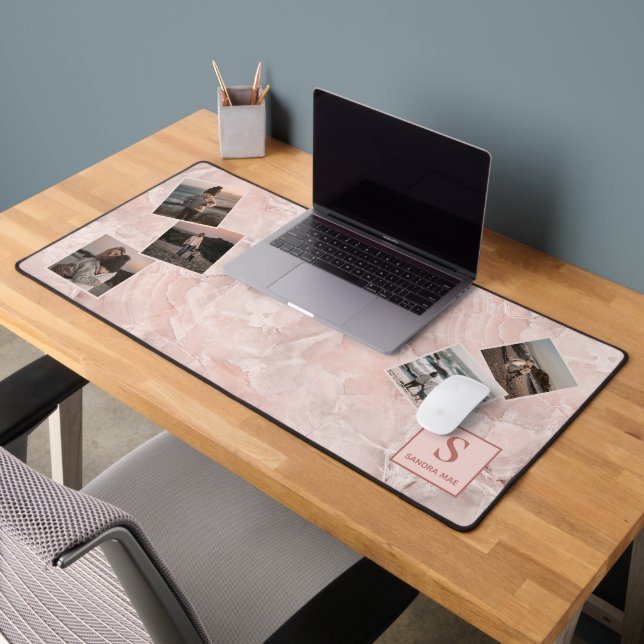 Custom Simple Photos Collage On Blush Pink Marble Desk Mat (Office 2)