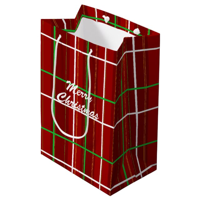 Custom Simple Red Chequered Merry Christmas  Medium Gift Bag (Front Angled)