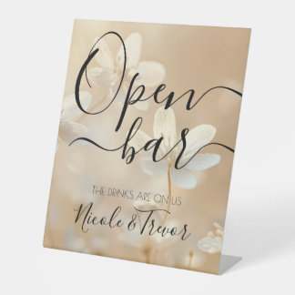 Custom Simple Sepia Flowers Wedding Open Bar Pedestal Sign