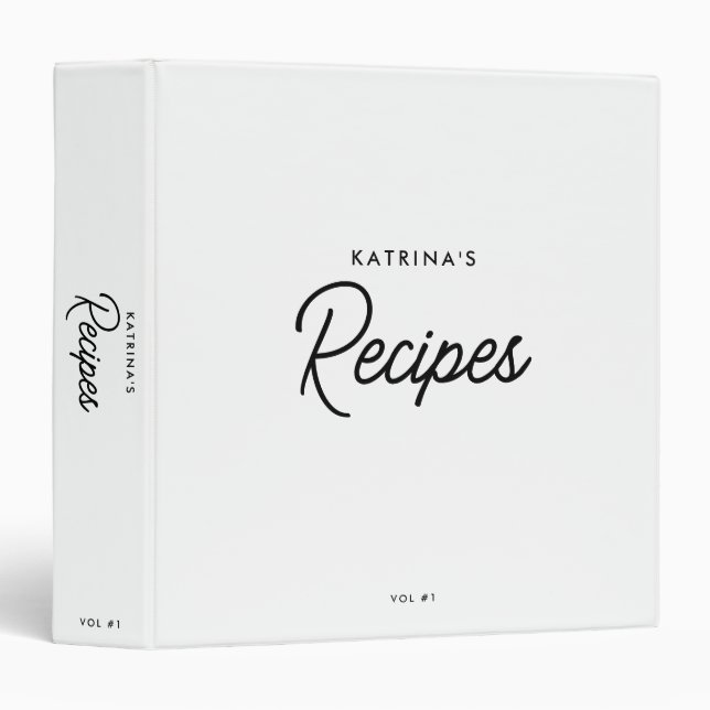 Custom Simple White Black Minimalist Script Recipe Binder (Front/Spine)