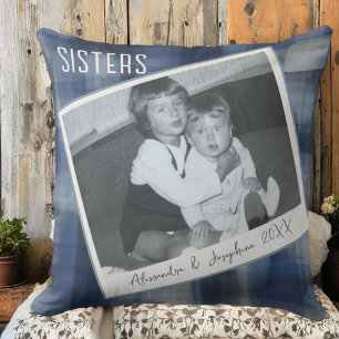 Custom sisters names photo keepsake blue plaid  throw pillow