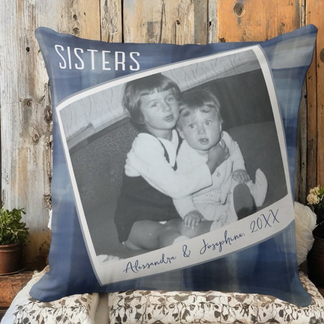 Custom sisters names photo keepsake blue plaid  throw pillow (Creator Uploaded)