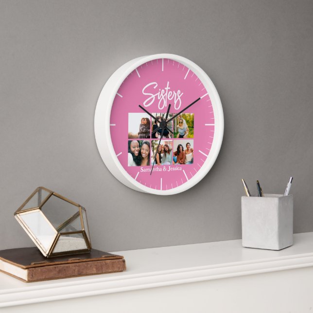 Custom Sisters Script 6 Photo Collage Clock (Office)