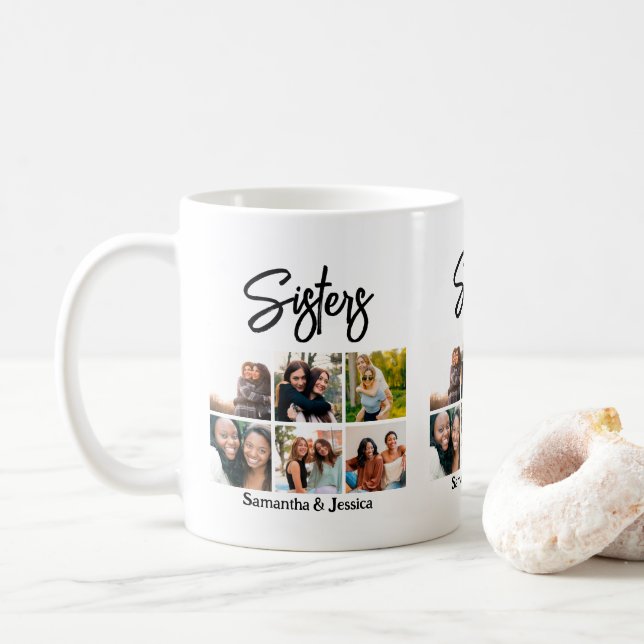 Custom Sisters Script 6 Photo Collage Coffee Mug (With Donut)