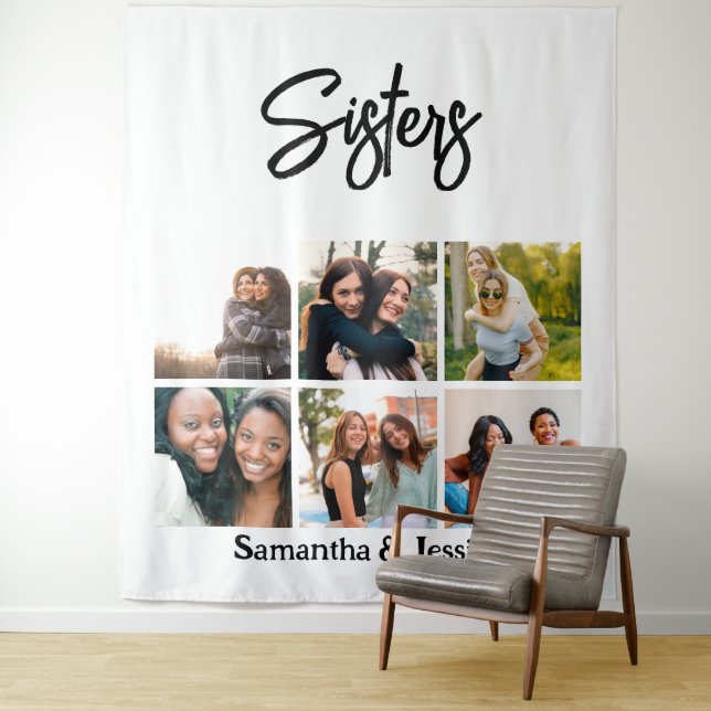 Custom Sisters Script 6 Photo Collage Tapestry (In Situ)