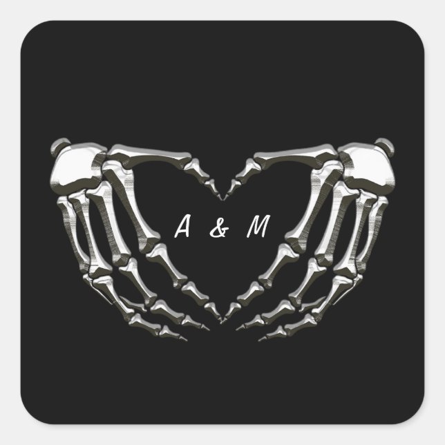 Custom Skeleton Gothic Hands Love Heart Shape Square Sticker (Front)