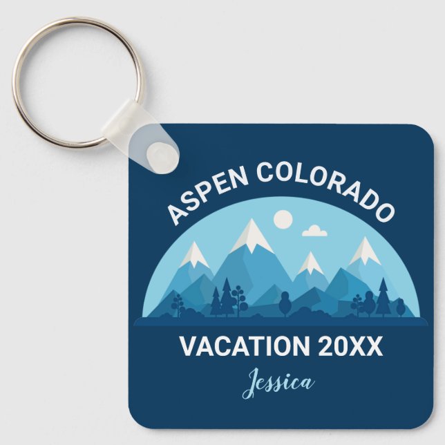 Custom Ski Town Colorado Mountain Vacation Blue Keychain (Front)