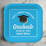Custom Sky Blue Graduation Party Square Paper Plate<br><div class="desc">This modern sky blue and white custom graduation party paper plate features classy typography of your high school or college name for the class of 2025. Customize with your graduating year under the chic handwritten script and black grad cap for great personalized graduate decor.</div>