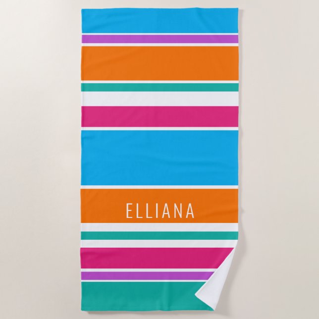 Custom Sky Blue Hot Pink Orange White Stripes Beach Towel (Front)