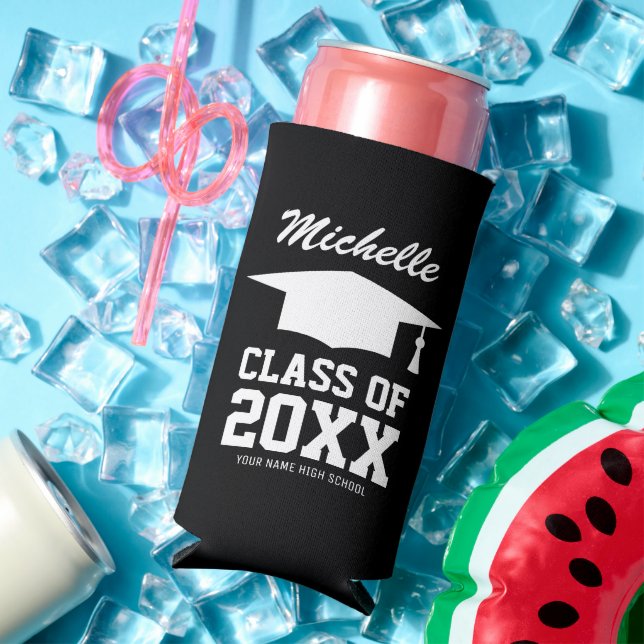 Custom slim can coolers for 2025 graduation party (In Situ Summer)