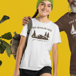 Custom Slogan Hiking, Camping, Outdoorsy T-Shirt<br><div class="desc">This graphic tee has illustrations of hilly landscape with evergreen trees in brown,  and is ready to be personalized with your own custom text.</div>