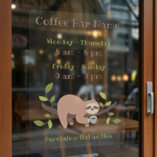 Custom Sloth Coffee Bar Hours Window Cling