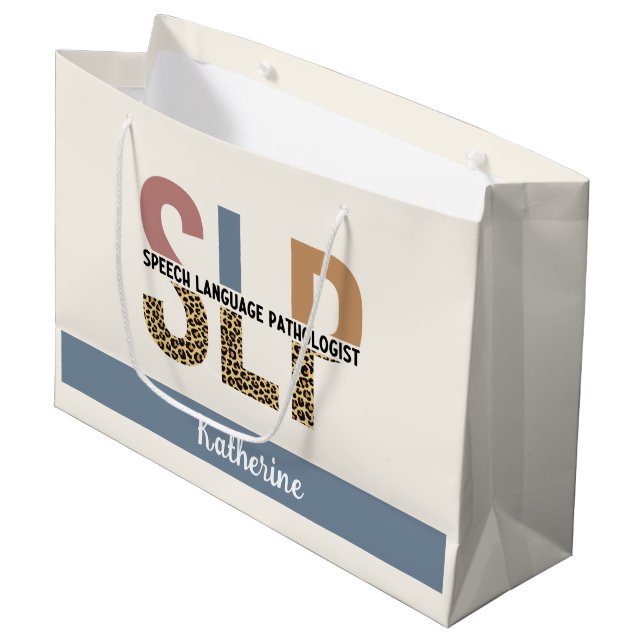Custom SLP Speech Pathologist Leopard Print Large Gift Bag (Front Angled)