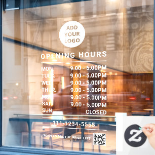 Custom Small Business Opening Hours logo & qr code Window Cling