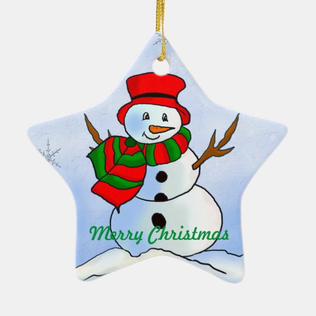 Custom snow man on blue background and snowflakes ceramic ornament (Back)