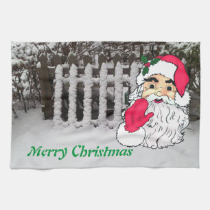 Custom snow on a picket fence with santa kitchen towel