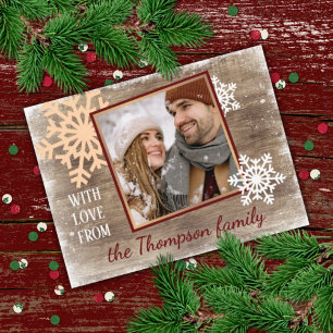 Custom Snowflakes & Barnwood Wood Planks Pattern Holiday Card