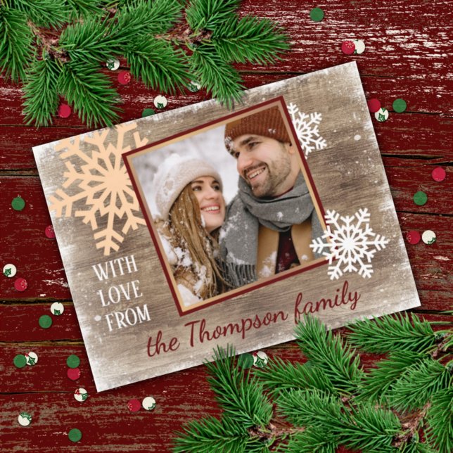 Custom Snowflakes & Barnwood Wood Planks Pattern Holiday Card (Creator Uploaded)