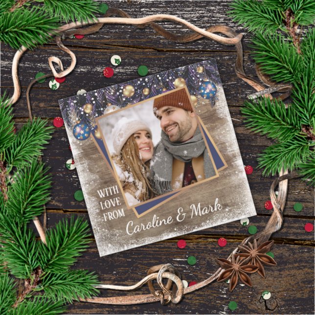 Custom Snowflakes & Barnwood Wood Planks Pattern Holiday Card (Creator Uploaded)