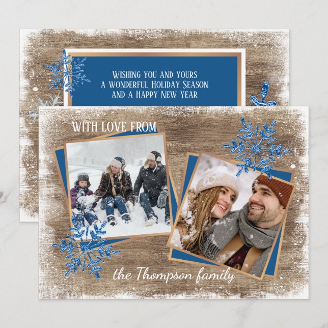 Custom Snowflakes & Barnwood Wooden Planks Pattern Holiday Card (Front/Back)
