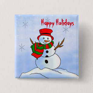 Custom snowman on snow and snowflakes 2 inch square button