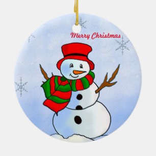Custom snowman on snow and snowflakes ceramic ornament