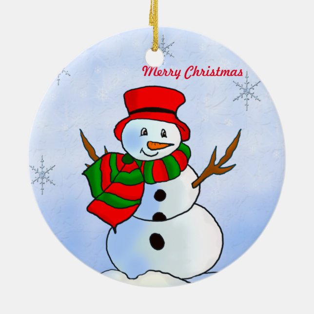 Custom snowman on snow and snowflakes ceramic ornament (Back)