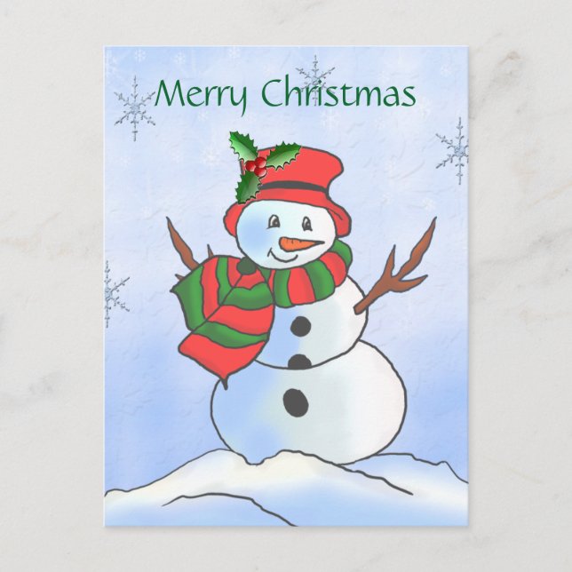 Custom snowman on snow and snowflakes holiday postcard (Front)