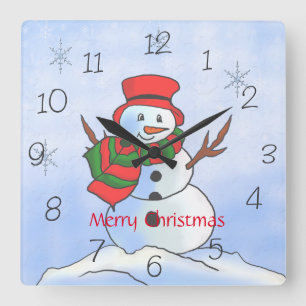 Custom snowman on snow and snowflakes square wall clock