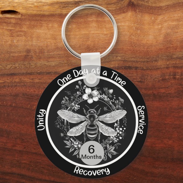 Custom Sobriety Anniversary Gift - Bee and Floral Keychain (Front)