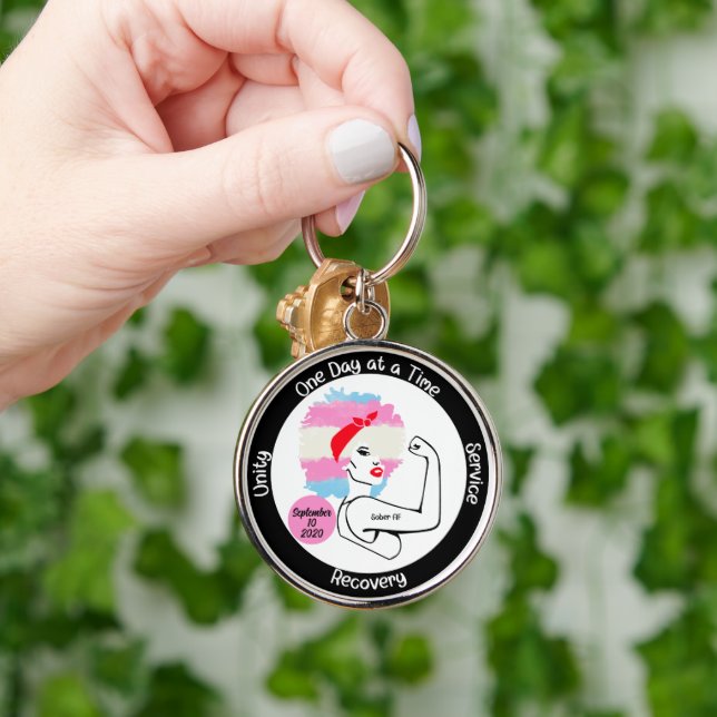 Custom Sobriety Milestone Gift – Trans Pride Keychain (Hand)