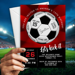 Custom Soccer Ball Red Birthday Fully Editable Invitation
