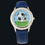 Custom Soccer Boy Watch<br><div class="desc">Cool customized soccer kids watch featuring a boy holding a ball on a green field and blue sky behind him. Personalize this sports room decor with your child's name underneath the giant soccer ball.</div>