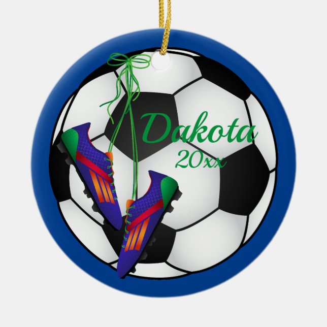 Custom Soccer Christmas Ornament Red - Blue Cleats (Front)