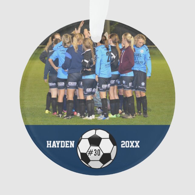 Custom Soccer Photo Collage Name Team Number Ornament (Front)
